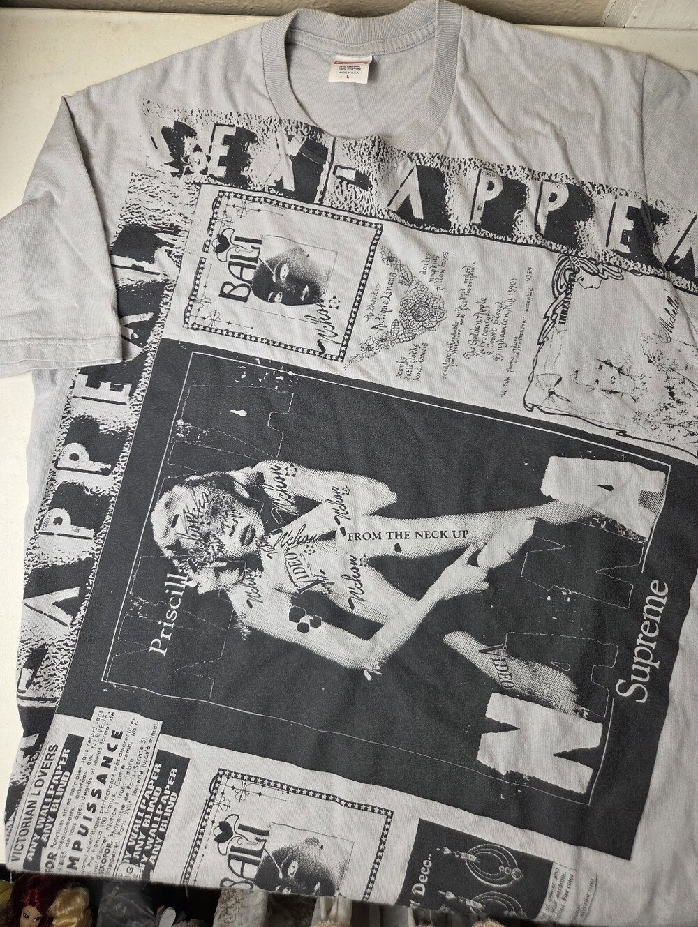 Supreme Mens Tshirt Black And Gray Newspaper Print Size Large Casual Crewneck
